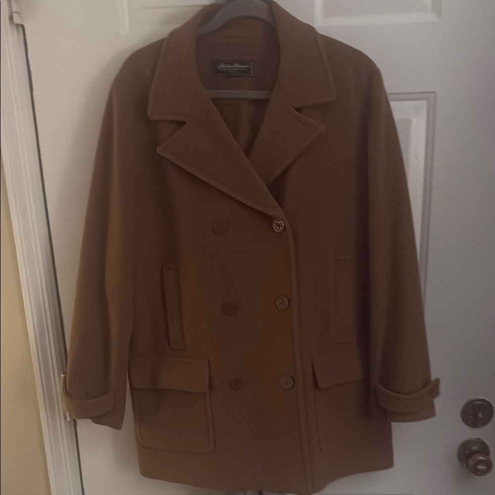 Eddie Bauer Tan Double-Breasted Pea coat comfortable. wool blend fully lined.